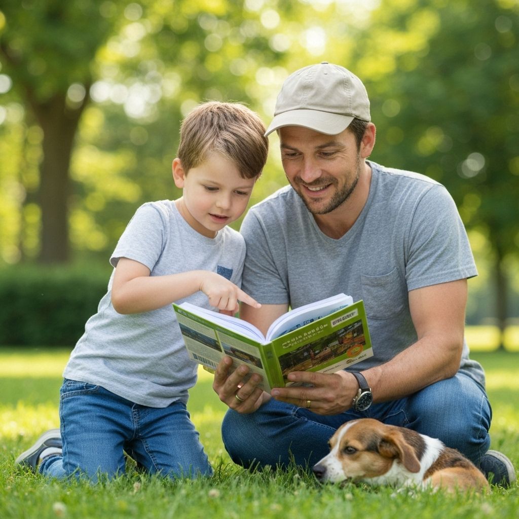 Father and son with mission guidebook